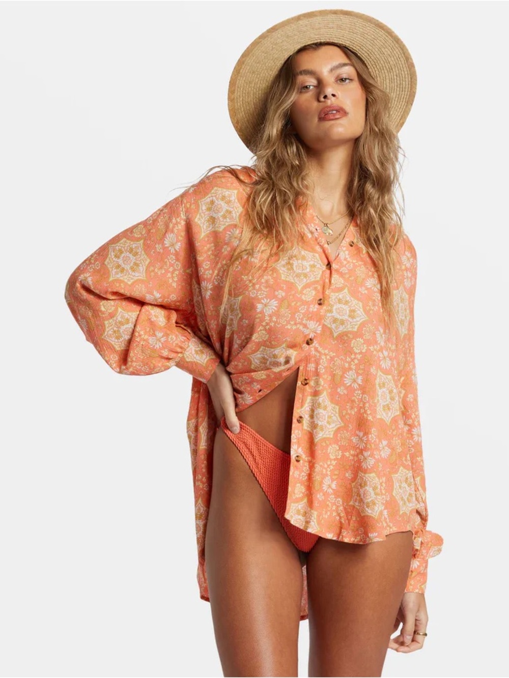 Billabong Dream Space Coral Surf Floral Long Sleeve Button-Up Shirt Size M
